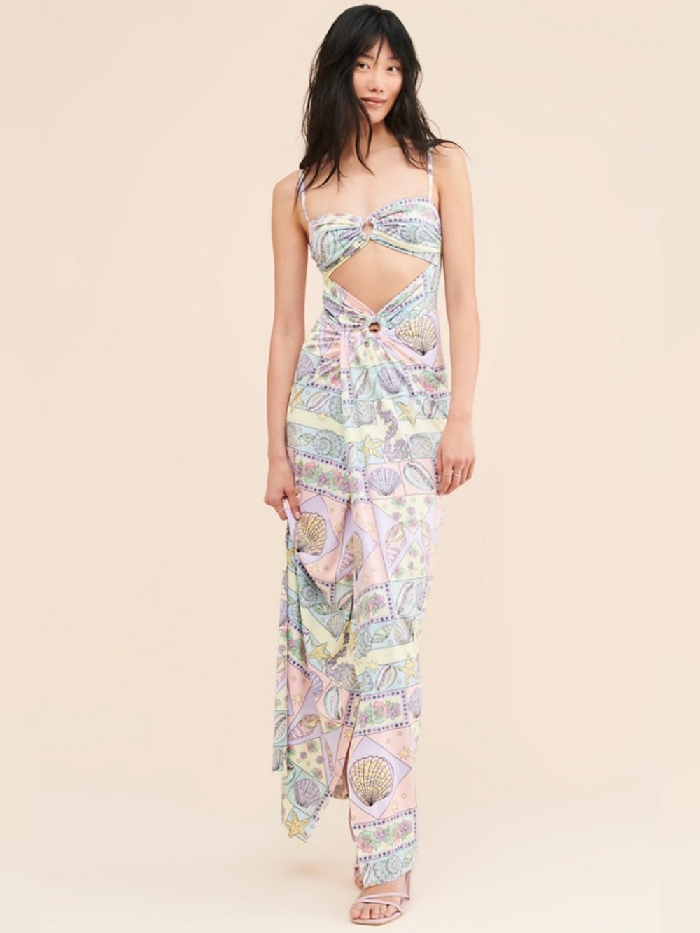 Oceanus Zoe seashell print cutout maxi dress